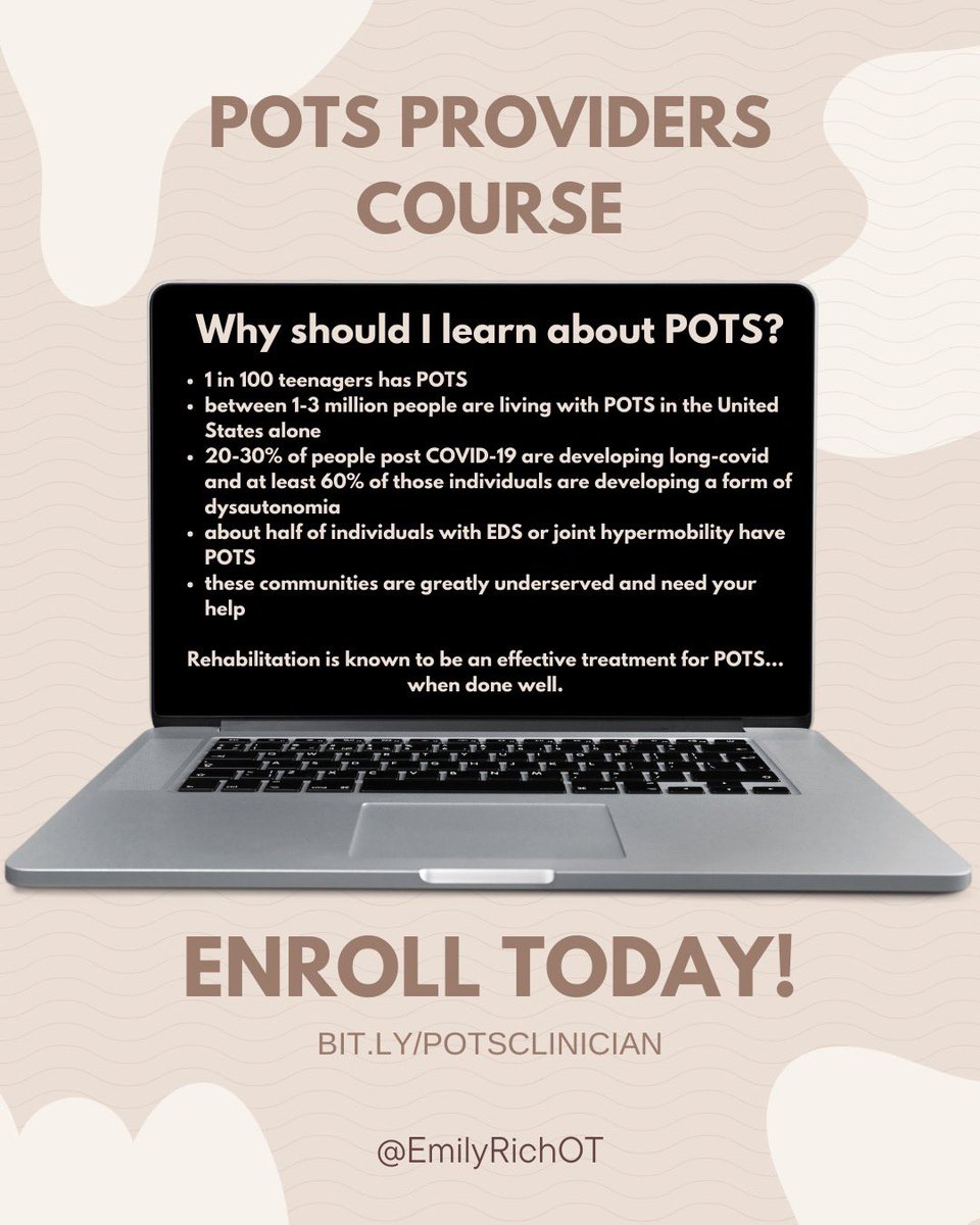 EmilyRichOT's tweet photo. Health care providers: register through 1/16 using code “earlybird” for 15% off the #POTS Providers Course. You’re going to love this comprehensive guide! https://t.co/IVuAMdhn4m #dysautonomia #physicaltherapist #occupationaltherapist #longcovid #healthcare #CEU https://t.co/Pt4jSb13Qi