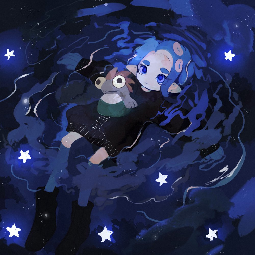 1girl afloat black footwear black shirt black sweater blue eyes blue hair  illustration images