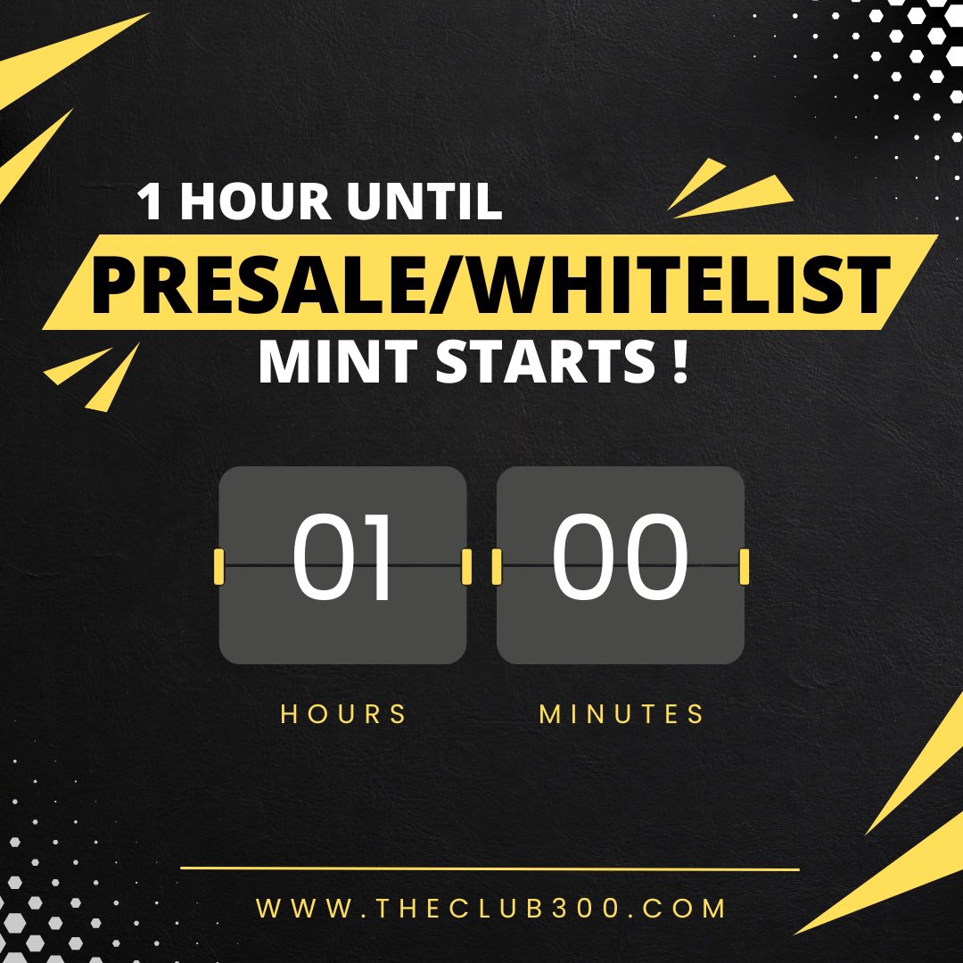 TheClub300's tweet image. ⏰ONLY 1 HOUR LEFT until the start ❗️

🥳We are finally launching OUR PRESALE/ WHITELIST MINT of THE CLUB 300!🥳🥳

➡️We are very excited that it is finally starting !😍

#NFTCommunity #NFTs #cryptocurrencies