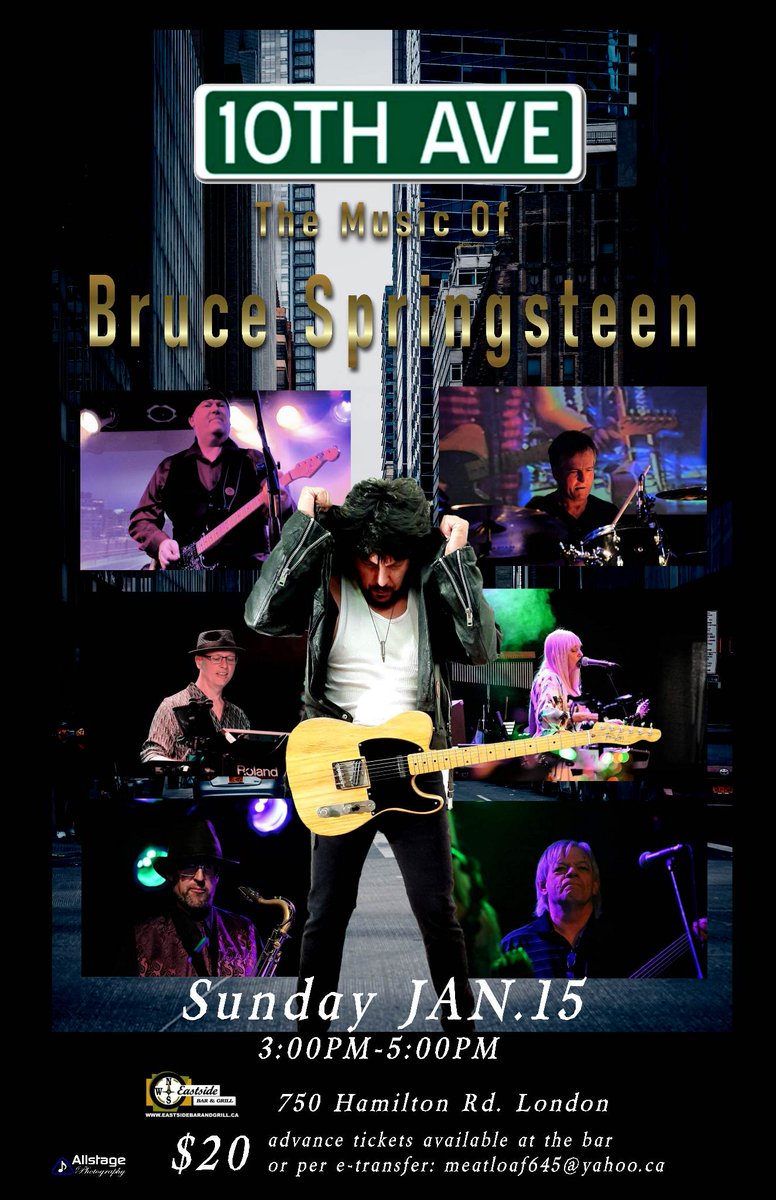 EastsidesLondon's tweet photo. TODAY!!
Come out for a special afternoon of music!
10th AVENUE A Tribute to the best of Bruce Springsteen
3pm - 5pm! Advance tickets $20.00 available at the bar, by e-transfer to meatloaf645@yahoo.ca or at the door. #livemusic #lndont #springsteentribute #sunday https://t.co/nqfORy1II1
