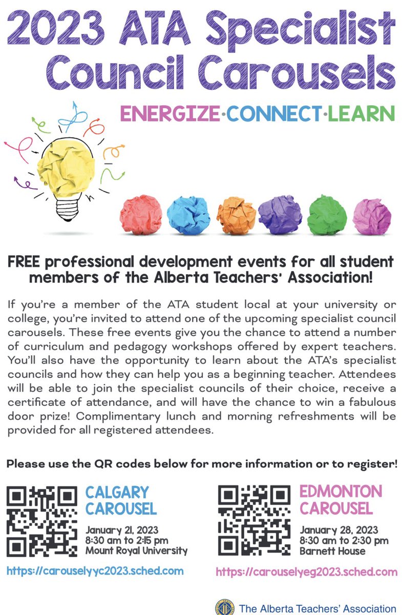eusrdp's tweet photo. Join the ATA for a day of free professional development sessions. ATA presenters will discuss ATA Specialist councils and what they have to offer. You also will have the opportunity to connect with other pre-service teachers from Alberta! https://t.co/5qTKcLZs18