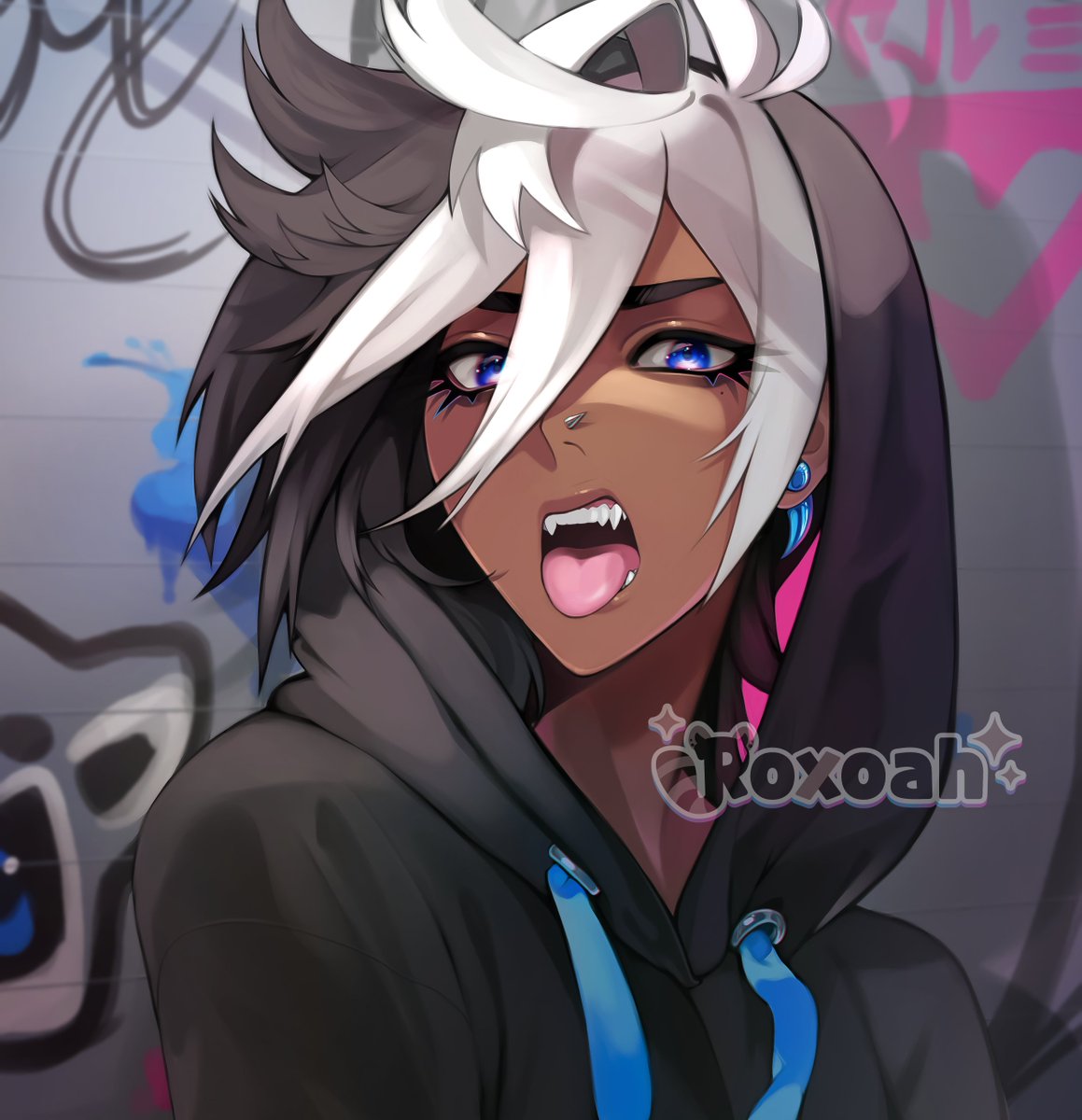 1girl artist name black hair black hoodie blue eyes dark skin dark-skinned female  illustration images