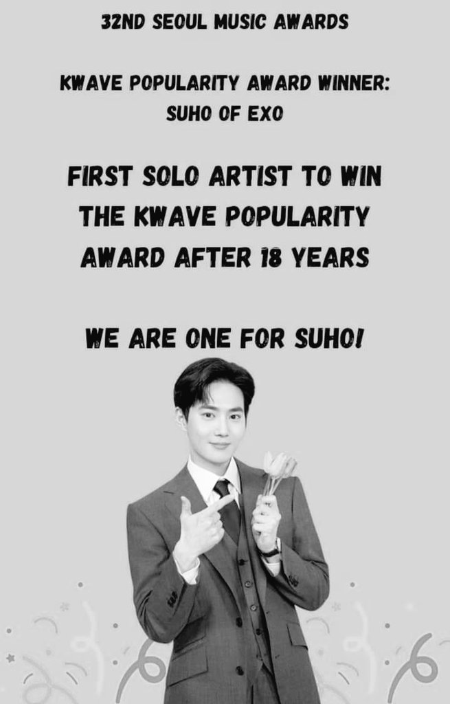 Tharu9853's tweet photo. Leadernim Suho makes history as he won the Seoul Music Awards - Kwave Popularity Award with a huge margin. Congratulations our Leadernim 😭🐰✨
#weareoneEXO 
#SUHOMakesHistory
#KwaveIsForSUHO
#EXO #SUHO https://t.co/a6fPOruRbo