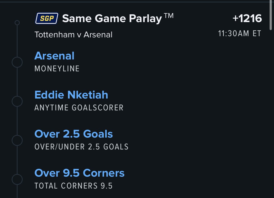 Cappernapper's tweet image. Premier league parlay +1216

Arsenal ML
Nketiah anytime goal scorer
Over 2.5 goals
Over 9.5 corners