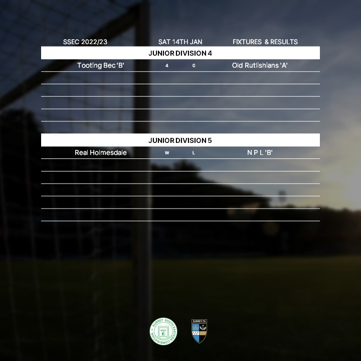 Surrey South Eastern Combination (@ssecfl) on Twitter photo No fixtures for JDs 1-3 and two across JD 4-5 with <a href="/TootingBecFC/">Tooting Bec FC</a> B and <a href="/RealHolmesdale/">Real Holmesdale F.C.</a> taking the wins over <a href="/oldrutsfootball/">Old Ruts Football</a> A and <a href="/NPLFC/">NPLFC</a> B🔥 No fixtures for JDs 1-3 and two across JD 4-5 with <a href="/TootingBecFC/">Tooting Bec FC</a> B and <a href="/RealHolmesdale/">Real Holmesdale F.C.</a> taking the wins over <a href="/oldrutsfootball/">Old Ruts Football</a> A and <a href="/NPLFC/">NPLFC</a> B🔥