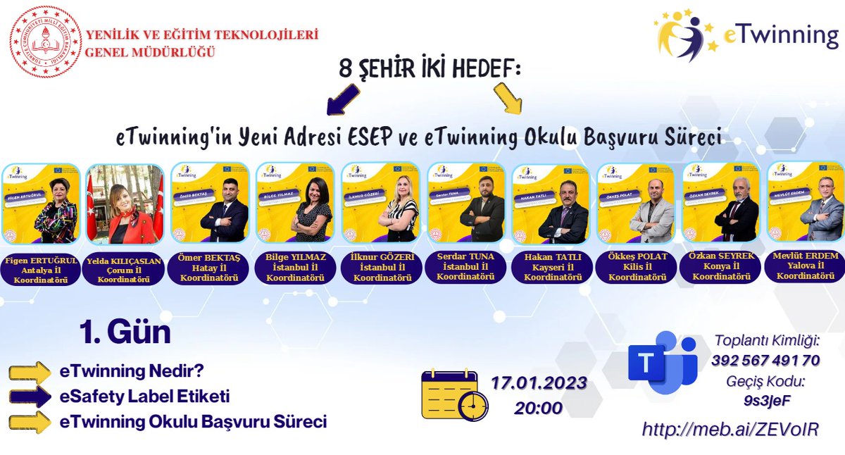 Salı akşamı başlayıp perşembe günü bitecek olan  eTwinning'in yeni platformunun en kapsamlı eğitimi bu çevrimiçi eğitimlerde olacak.Tüm Türkiye'yi bekleriz.🇹🇷
1. Gün Bağlantı Linki : meb.ai/ZEVoIR

<a href="/tcmeb/">Millî Eğitim Bakanlığı</a> 
<a href="/yegitek/">Yeğitek</a> 
<a href="/tretwinning/">eTwinning Türkiye</a> 
<a href="/hataymem/">Hatay İl Millî Eğitim Müdürlüğü</a> 
<a href="/SeyitAliBuyuk/">Seyit Ali Büyük</a>