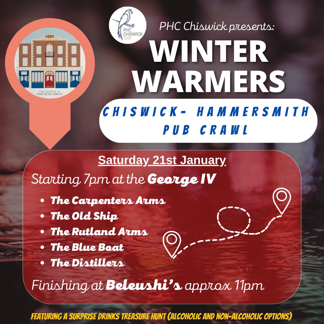 PHCChis_Hockey's tweet photo. The first social of 2023 is here ๐
We'll be visiting all the finest pubs Hammersmith has to offer for the Winter Warmers pub crawl ๐ป
Join us as we start the night at George IV at 7pm on the 21st
(Venues may change in the days to come)
#PHCChiswick #Chiswick #HockeySocial https://t.co/hyB42CF4zs