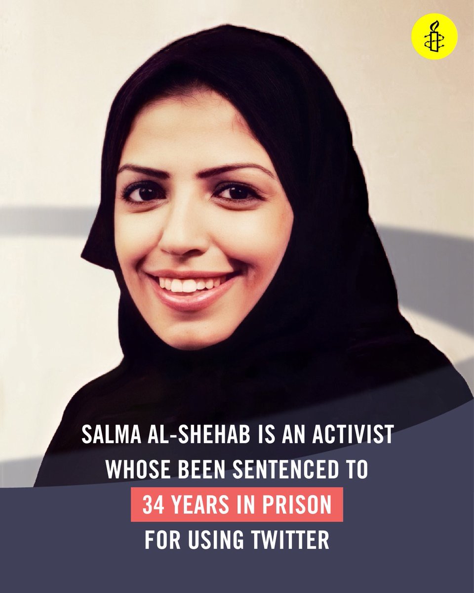AmnestyMENA's tweet photo. Today marks 2 years since #Saudi activist and academic, #SalmaAlShehab, was arrested for peaceful tweets in support of women’s rights. In Aug 2022, the Specialized Criminal Court increased her sentence from 6 to 34 years, to be followed by a 34-year travel ban, in an unfair trial https://t.co/bw7E6zNzKd