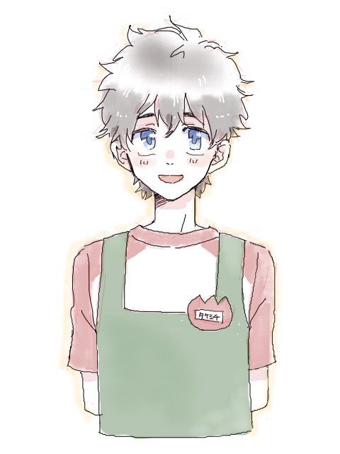 1boy apron blue eyes blush brown hair looking at viewer male focus  illustration images