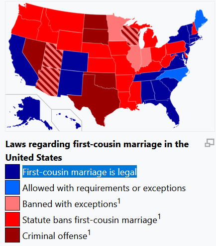 TerribleMaps's tweet image. Where you can marry your cousin in the United States