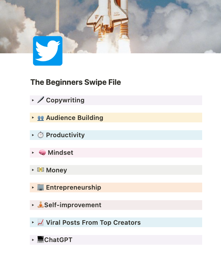 I studied 1000s of top tweets to create the ultimate swipe file. Covering lucrative topics like:
 
- Audience building
- Copywriting
- Productivity
- Mindset
- Entrepreneurship
And more…
 
Want me to DM it to you for free?
 
Like, RT &amp; Comment:
 
"Send"
 
(Must be following)