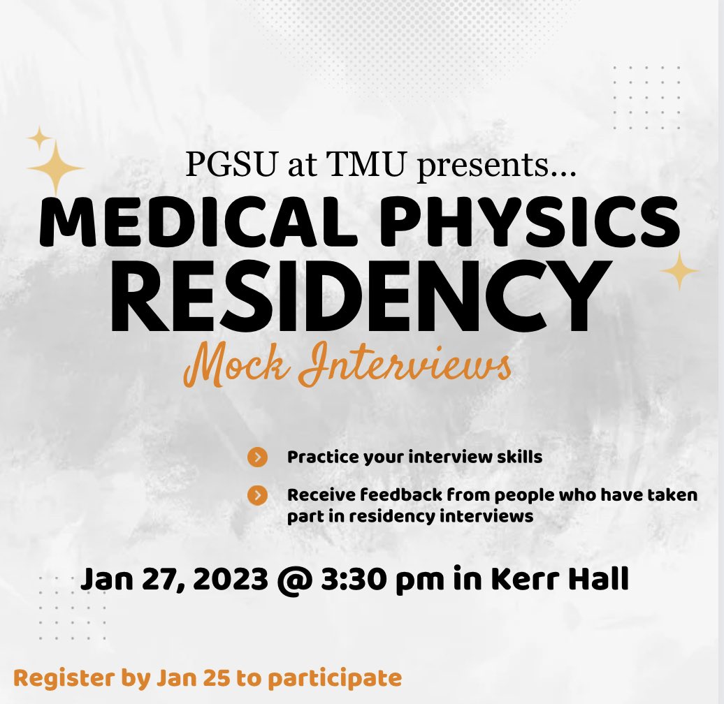 Attention Toronto Metropolitan University  physics graduate students!

Interested in pursuing a medical physics residency? Join us on January 27th for Mock Residency Interviews!

If you are interested please register using the following link:

lnkd.in/gnK_GQYB