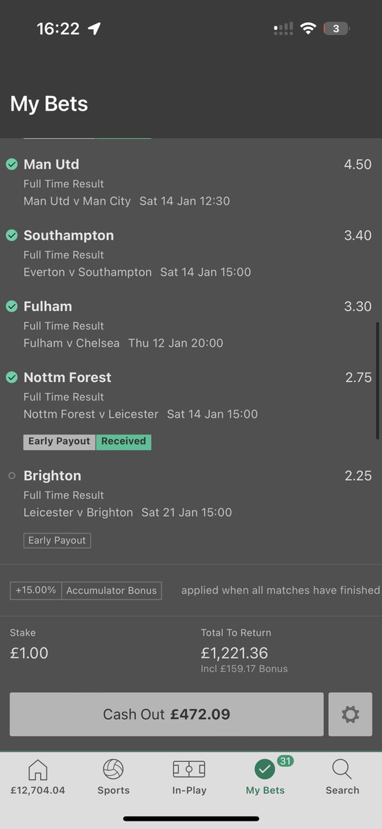 Had to cashout for £11k. I think Arsenal will win but it was too much to risk. Around £18k profit this weekend. 2 bets still to go for next weekend. These weren’t teams from my list, they were huge longshots when I got pissed off after city didn’t beat Soton 😅