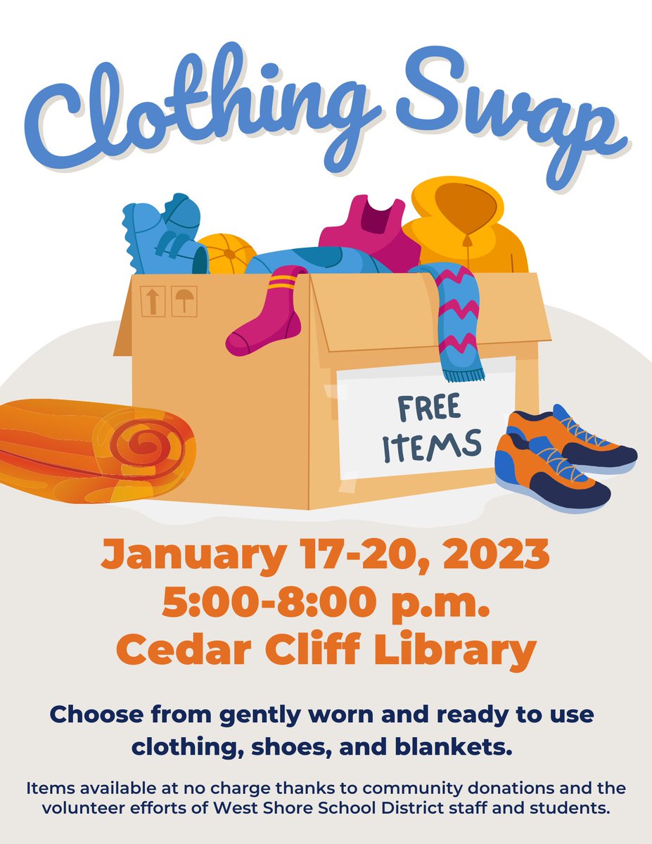 WestShoreSD's tweet image. CLOTHING SWAP: All members of the West Shore community are invited to join us at this year’s Clothing Swap. The event will kick off on TUESDAY, January 17 from 5-8 p.m., in the Cedar Cliff Library, and will run daily through Friday, January 20. #WestShoreStrong #PleaseShare