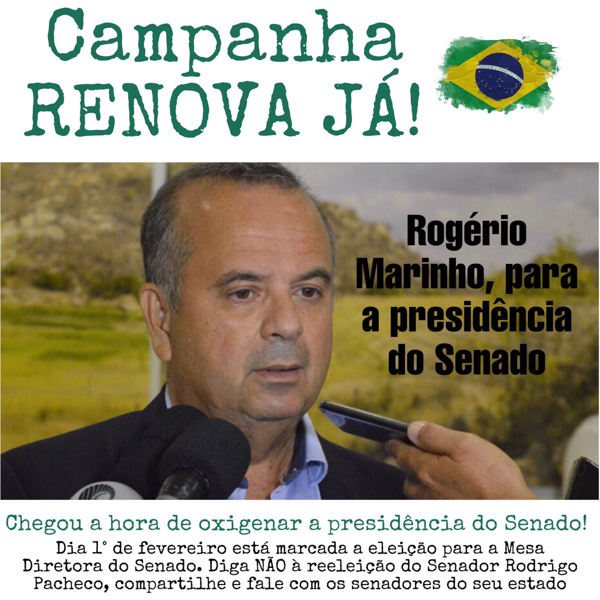 Campanha Renova Já! Chegou a hora da mudança! 
Dia 1°/02 está marcada eleição da mesa diretora Senado. 
Rogério Marinho para presidente do Senado! Compartilhe e fale com os senadores do seu estado! Bora lá, pessoal!
Veja como estão os votos: comovotasenador.com.br <a href="/GayerGus/">Gustavo Gayer</a>