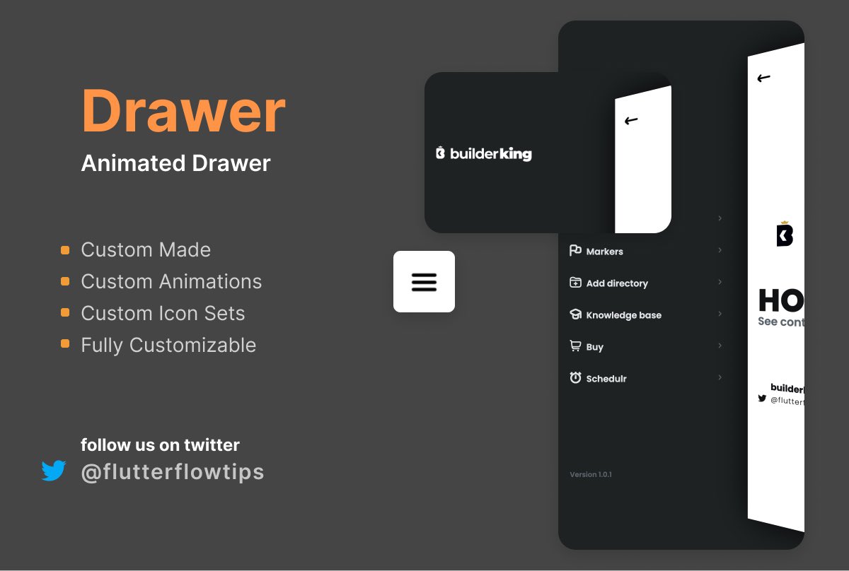 flutterflowtips's tweet photo. Now in @flutterflow marketplace! Animated drawer.
Special gift for #flutterflow community!

URL: https://t.co/4uCKmqzvqY

Smooth transition, custom icon set with animations
Excited to see how you can use it in your apps. Don’t forget to mention us!
#flutterflowtips #nocode https://t.co/qUkXJCKlAh