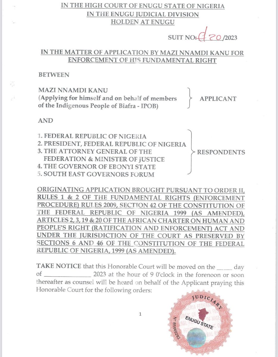 AloyEjimakor's tweet photo. Last Friday, I commenced a Suit against Southeast Governors Forum &amp; all others who played a role in the infamous proscription of IPOB. https://t.co/9JhhQz9B73