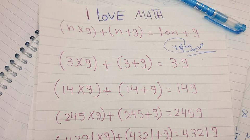 bergasmath's tweet photo. #I_Love_Math 
(n x 9) + (n + 9) = 10n + 9, for all n>-1
اللهم انفعنا بما علمتنا وعلمنا ما ينفعنا وزدنا علما https://t.co/LV5tb2sX6r