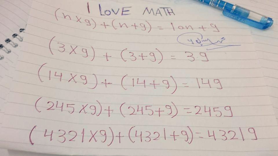 bergasmath's tweet photo. #I_Love_Math 
(n x 9) + (n + 9) = 10n + 9, for all n>-1
اللهم انفعنا بما علمتنا وعلمنا ما ينفعنا وزدنا علما https://t.co/LV5tb2sX6r