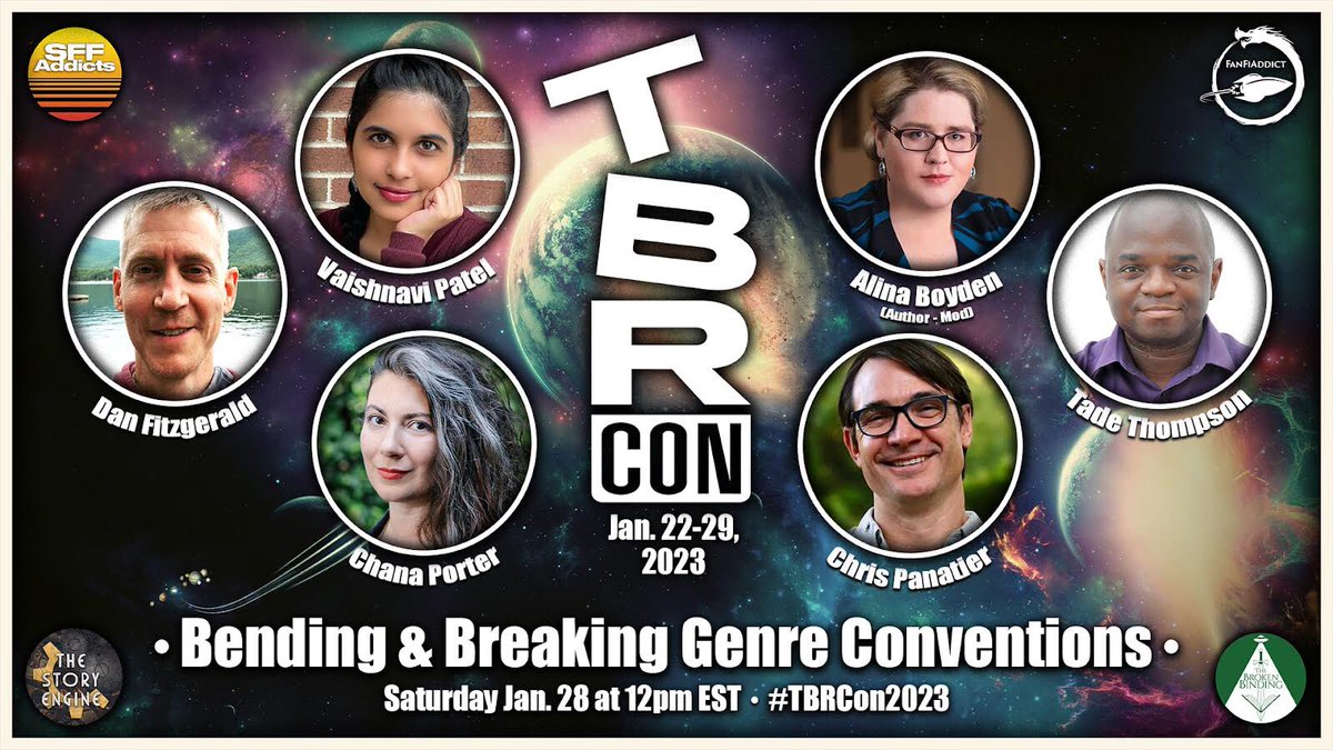 SFFAddictsPod's tweet photo. 1/2 Announcing the second panel for #TBRCon2023 day 7: ‘Bending &amp; Breaking Genre Conventions’ with mod @AlinaBoyden and panelists Tade Thompson @VaishnaWrites Chana Porter @DanFitzWrites @ChrisJPanatier!
This panel streams LIVE on Jan. 28 @ 12pm EST here👇
https://t.co/XCEuNKeP7w https://t.co/YkeDxHKEkp