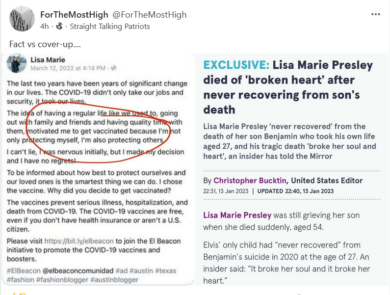 Becky__BT's tweet photo. It was FINE when #LLSD insisted that they know OUR #VaxStatus - but NOW #CovidVaxHumanTrials #YOUareTheExperiment has led to #DiedSuddenly
It is suddenly improper... LOL to ask
#LisaMariePresleyRIP #DiedSuddenlyVaccine
Facts vs #DemocRatLies https://t.co/Zc0rN7pUky