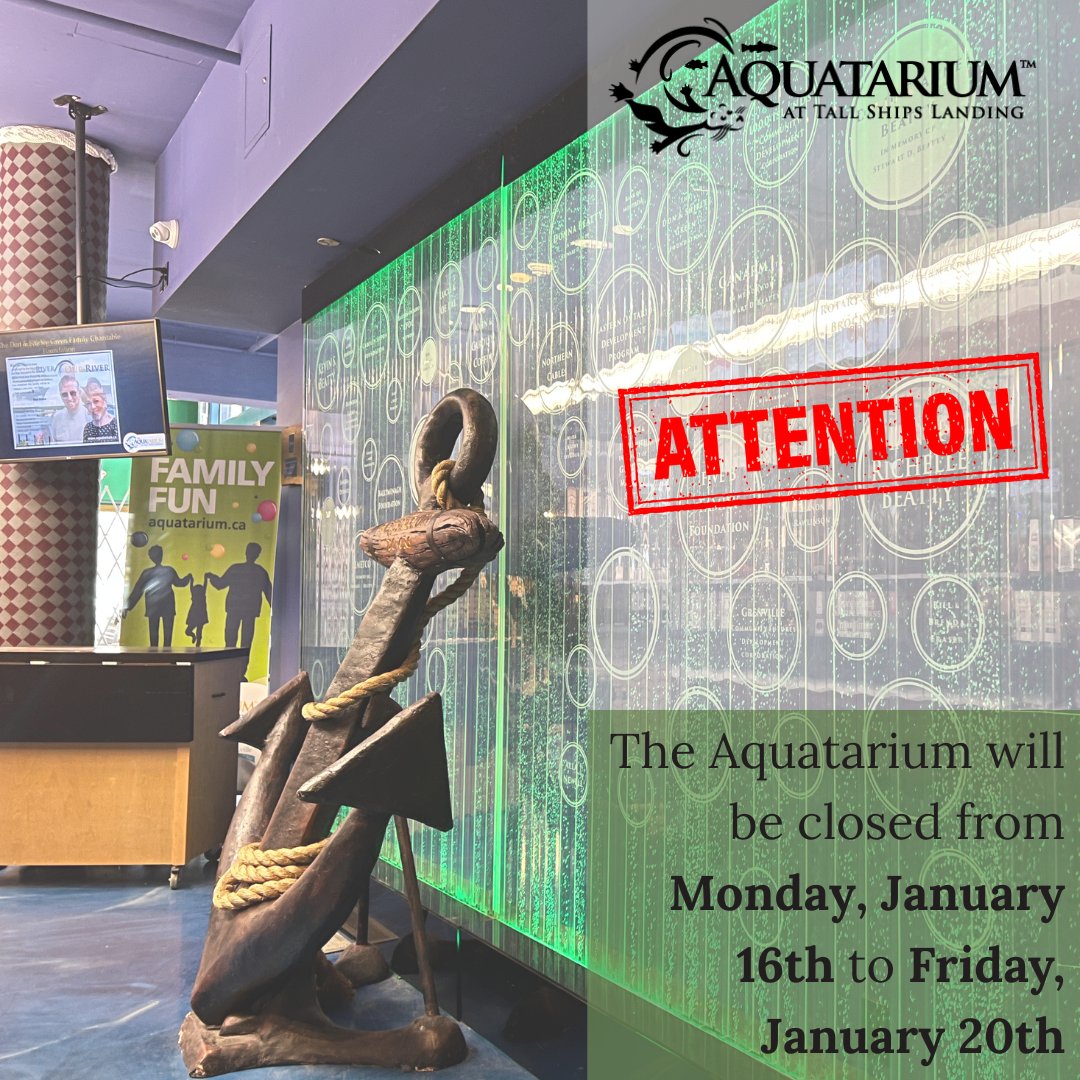 AQAquatarium's tweet photo. The Aquatarium will be taking an upcoming break from our usual aquatic excitement. We will be closed next week, Monday-Friday. We reopen on Saturday, January 21st! Something amazing is around the corner.
#TheAquatarium #Breaktime #Brockville #ChangesAreComing https://t.co/MPNjOP06dE
