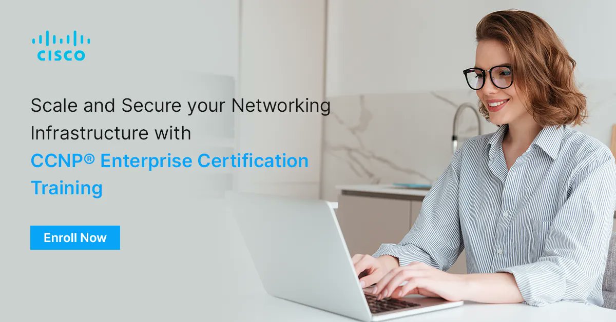 NetComLearning's tweet image. Get in-demand skills to support a secure and scalable enterprise network architecture with CCNP Enterprise training. Train your teams on ENCOR: the core exam, and concentration exams: ENSLD, ENDSWI, and more.Enroll Now: bit.ly/3GukNG1
#ciscotraining #ccnpcertification