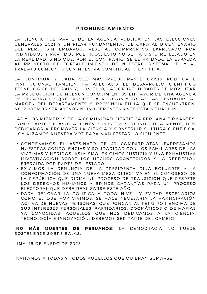 cientificospe's tweet photo. [Actualidad]🚨Ante la situación de violencia en el Perú, como miembros de la comunidad científica peruana, transmitimos el siguiente pronunciamiento.

Si quieren sumarse a estas demandas, pueden firmar el pronunciamiento aquí: https://t.co/DeQOVScjgE https://t.co/LeVB3NsMqi