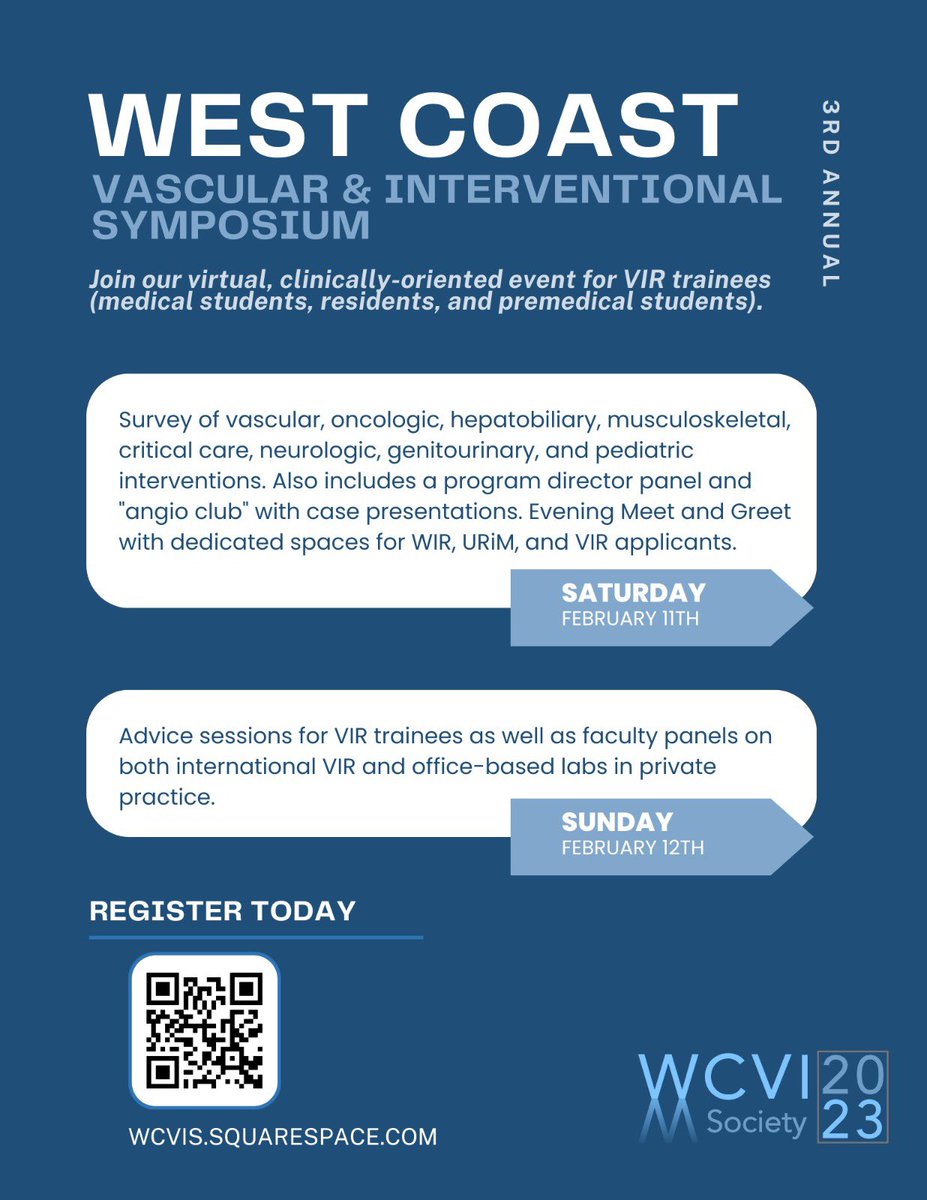 SIR RFS (@sirrfs) on Twitter photo Sign up now for the 3rd annual West Coast Vascular & Interventional Symposium! 
This is a virtual, clinically-oriented event for VIR trainees (medical students, residents, and premedical students), on Feb 11-12th
Registration link: 
wcvis.squarespace.com
#VIRad #VIR #twittIR Sign up now for the 3rd annual West Coast Vascular & Interventional Symposium! 
This is a virtual, clinically-oriented event for VIR trainees (medical students, residents, and premedical students), on Feb 11-12th
Registration link: 
wcvis.squarespace.com
#VIRad #VIR #twittIR