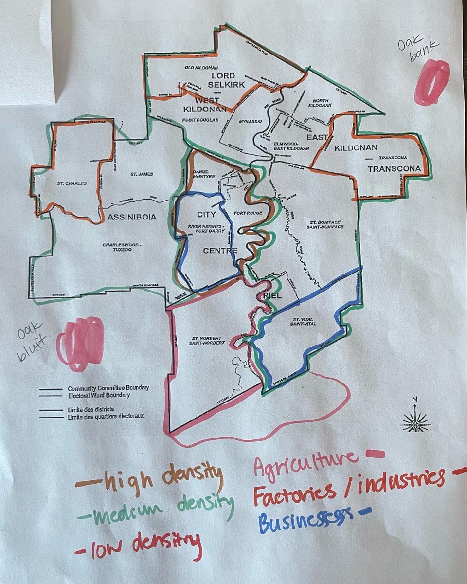 In groups, geo students decided how they would zone Winnipeg. They identified where they would put agriculture, factories, businesses, and also noted high, medium, and low density areas 🚧