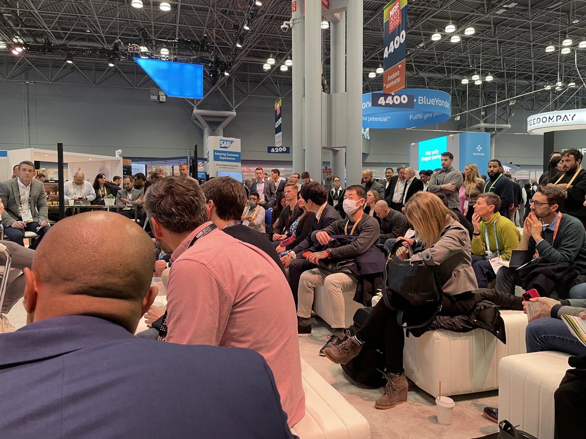 Packed theatre at the #sapretail booth today at #nrf2023. Come by our booth to see how to be amazing every day at our demo stations and customer presentations at the booth theatre every 30 minutes.