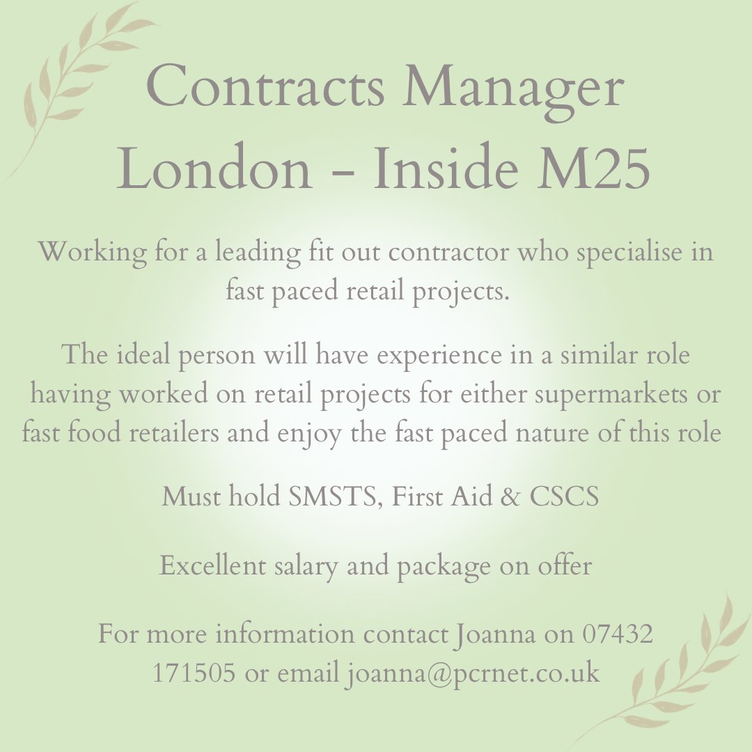 Fast track fit out Contracts Manager needed inside M25

Retail projects for big supermarkets brands or fast food outlets experience required

#fitout #sitemanager #retailfitout #fitoutcontractsmanager #contractsmanager #construction #constructionjobs #jobsinlondon #londonjobs