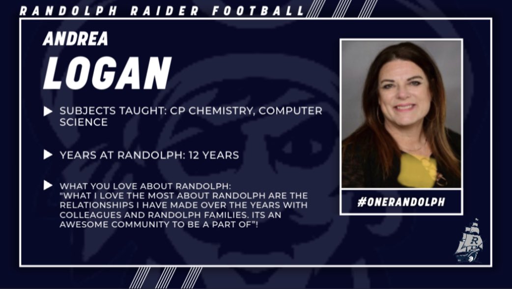 Coach_DLloyd's tweet photo. This week in our “Teacher Spotlight” series we want to highlight Andrea Logan. Mrs. Logan was selected by the Seniors. Thank you for all you do for our school and our student-athletes! #OneRandolph #BuiltDifferent #RaiseTheR https://t.co/VOEP7jeQtf