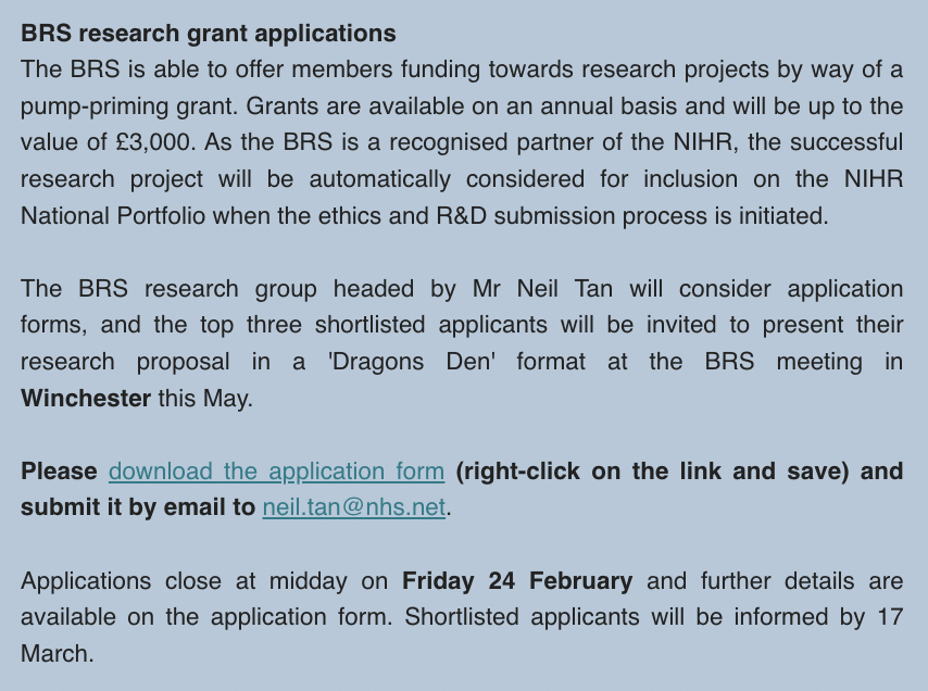 *Dragons’ Den - BRS Research Grant 2023 applications*

The BRS is excited to be able to offer members funding towards research projects by way of a pump-priming grant, up to the value of £3000. 

Application forms available here: britishrhinologicalsociety.org.uk/fellowship/res…

Closing date: 24th Feb!