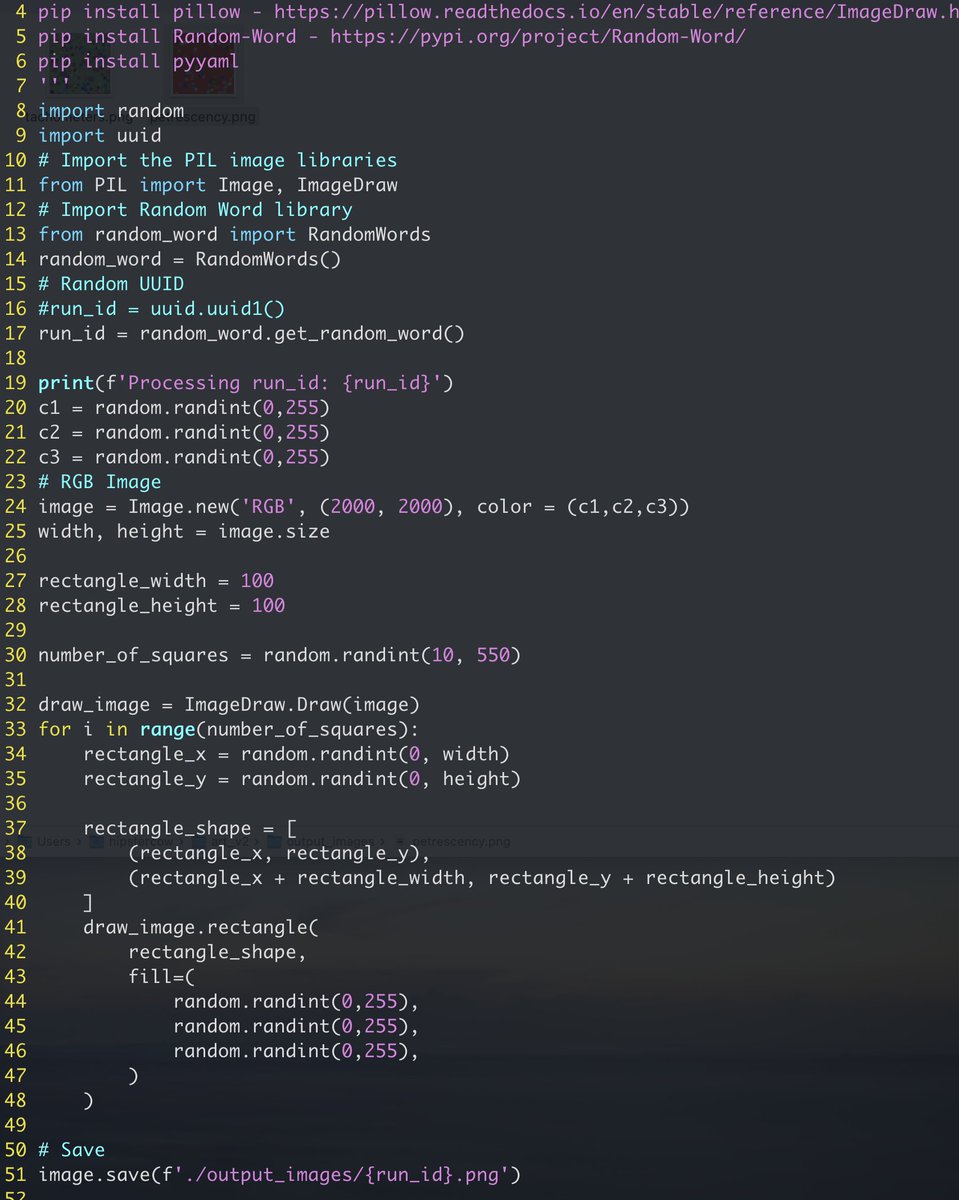 Computer generated art I made in 2021. Here is the code as well. I use a random word generator to name the file. In a future post I'll show how to use the randomly generated word to scatter the letters onto the image canvas.
#computerart #digitalart #python