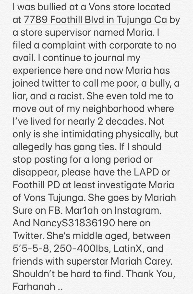 Farhar25's tweet photo. My first tweet of the new year. Happy New year everyone. I’m still committed to my anti bully, anti racism campaign @vons @albertsons @safeway #maria #mar1ah #mariaandres #survivingstore2124 @MariahCarey your friend changed her yelp name, but she’s still the same #endracism https://t.co/uyJ9bpGJFu