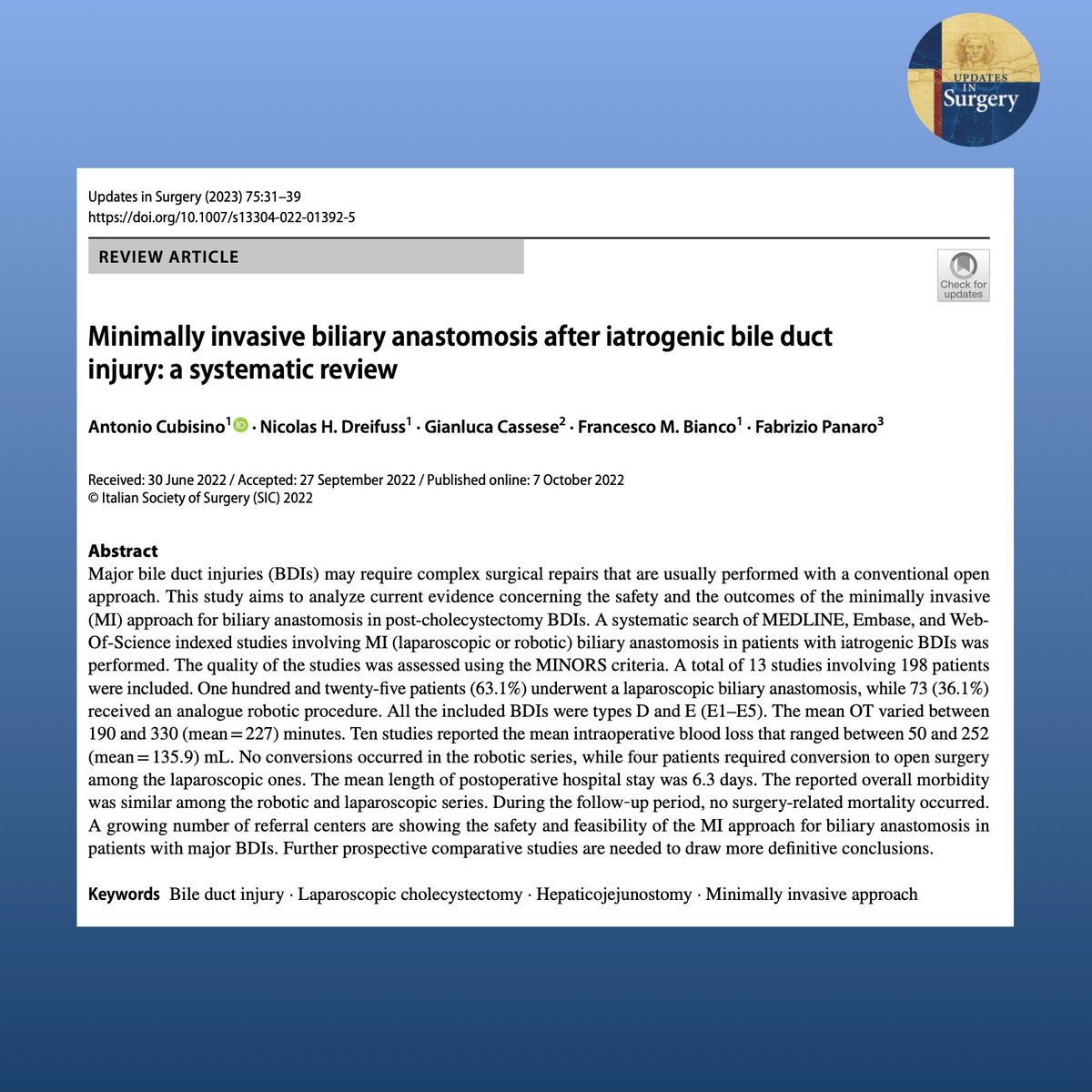 UpdatesSurgery's tweet photo. This study aims to analyze current evidence concerning the safety and the outcomes of the #minimally #invasive approach for biliary anastomosis in post-cholecystectomy Bile Duct Injuries

Full article https://t.co/87qTqKLd2x https://t.co/GWu5Z6jQML