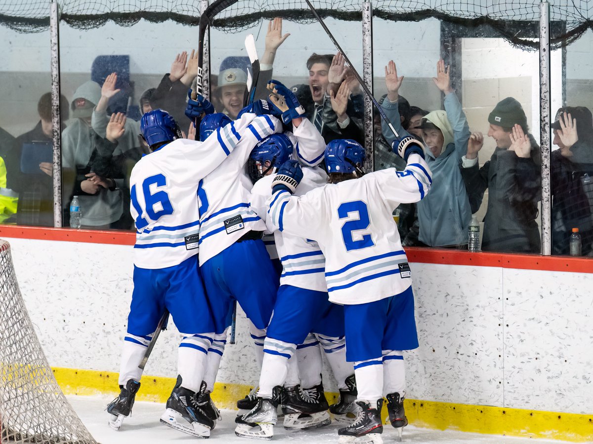 KaraGarrity's tweet image. Braintree players celebrate with teammates and alumni after Fasano scores the tying goal in the Braintree-Hingham game on January 14th @BraintreeWamps @HockeyBraintree