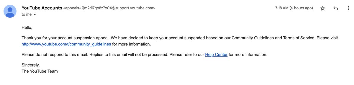 kchungco's tweet photo. @TeamYouTube I already got an email that said this. Again, my one video did not sell anything or spam anything and I received no warning to let me know to fix anything. https://t.co/c6oUaeAgdh