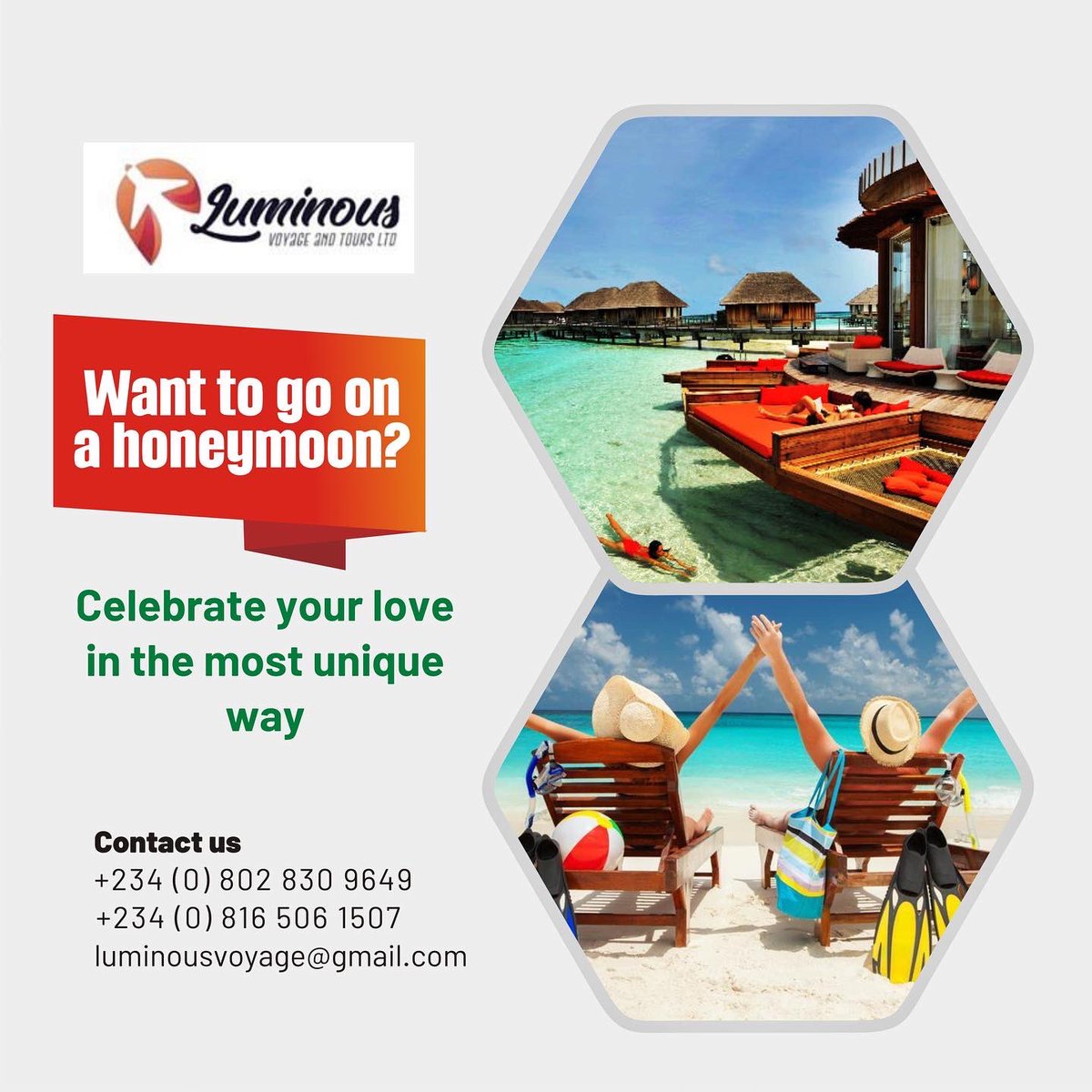 Luminous Voyage and Tours Ltd is a travel company that handles all your travel related requests from visas, to flights, hotels, honeymoons, and vacations to anywhere in the world. 

We’ve gat you covered for your solotrips, duotrips, family trips or group trips. 

#traveling