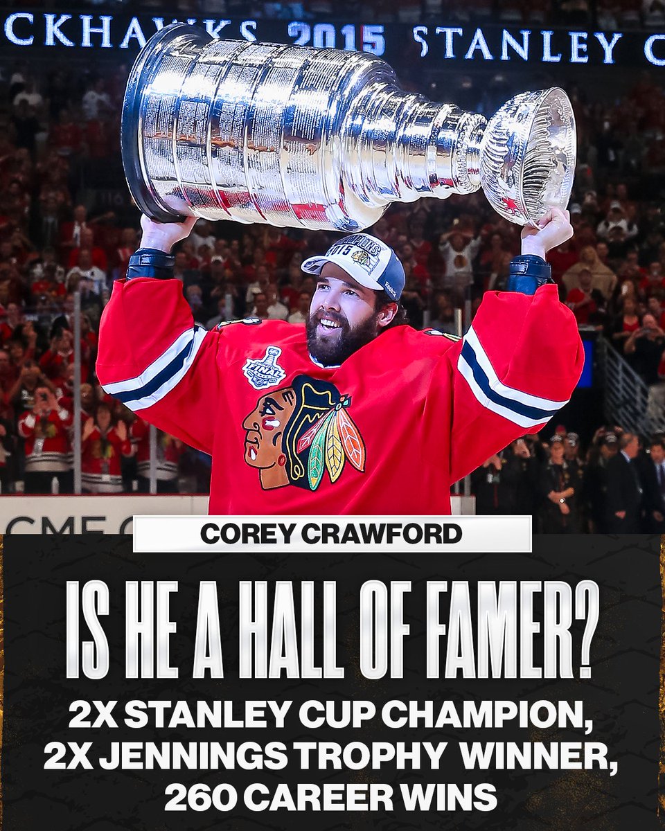 NHL's tweet image. Are you putting Corey Crawford in the @HockeyHallFame? 🤷‍♂️