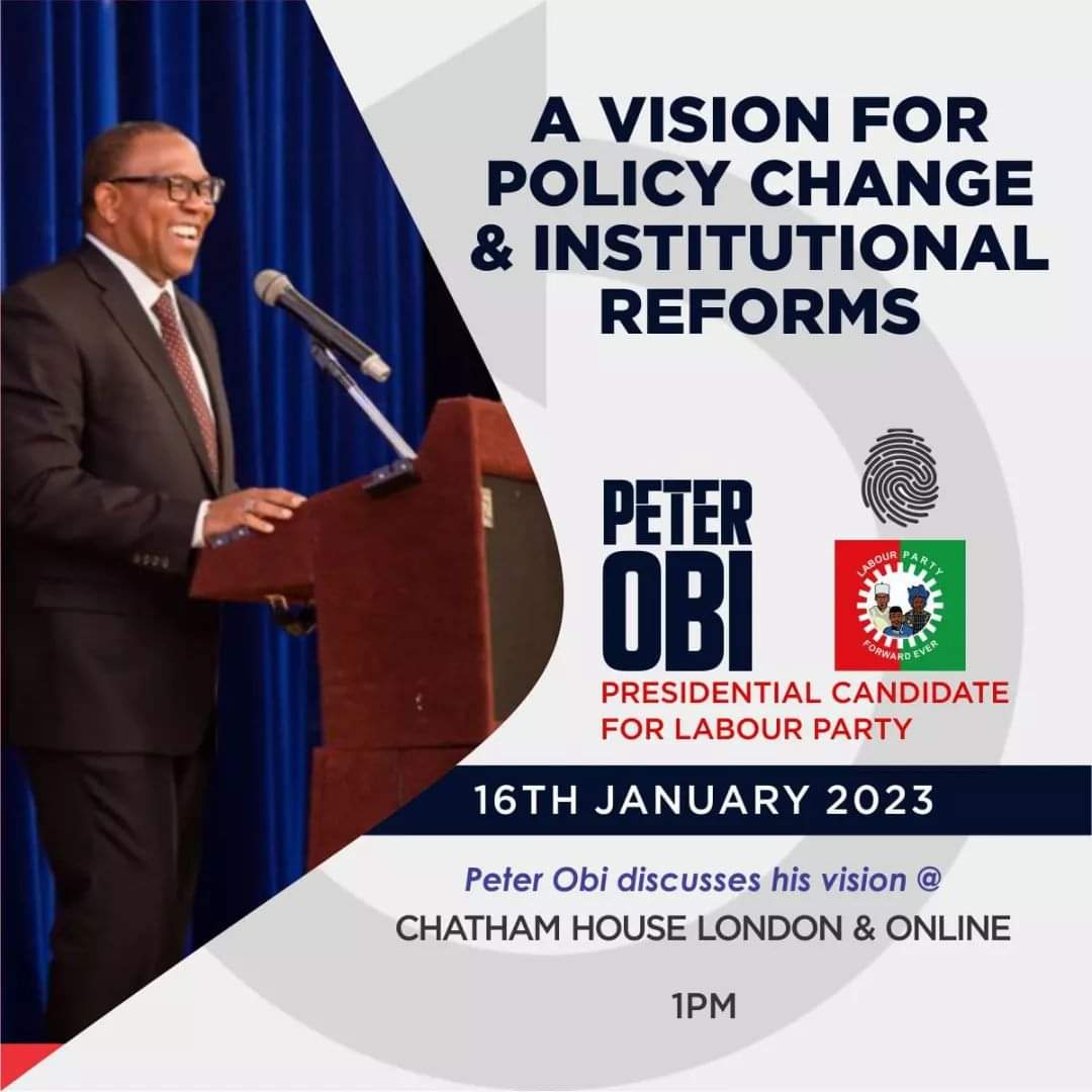 davyddylachy's tweet photo. I'll be speaking at the Chatham House, London tomorrow afternoon (Monday, 16th January), on the vision for policy change and the institutional reforms that Labour Party, Datti, and I have for Nigeria.

I look forward to an interactive exchange...

#PeterObi 🇳🇬
#PVC
#winmetawin https://t.co/uIkzBJ7NmW