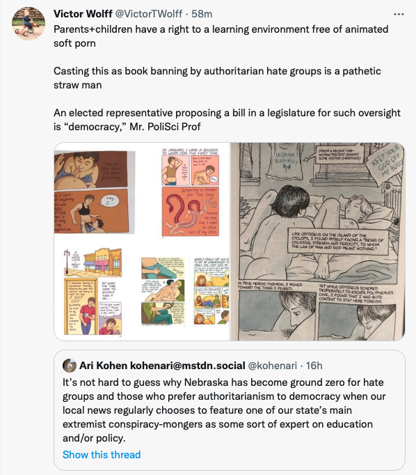 kohenari's tweet image. This response to my tweet is useful, as it highlights the extremist position on education of the far right in Nebraska. The central idea is that "parents and children have a right to a learning environment free of things they don't want to know about." This is not an education.