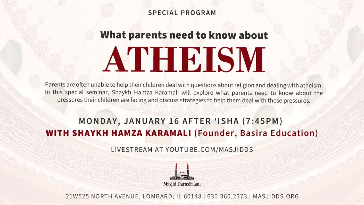 hamzakaramali's tweet photo. Looking forward to being at Masjid Darussalam @MasjidDS tomorrow night inshallah!
#chicago #athiesm #god #allah #islam #whyislamistrue #basiraeducation #hamzakaramali #children #parenting #muslimparenting https://t.co/9eVixEGZxc