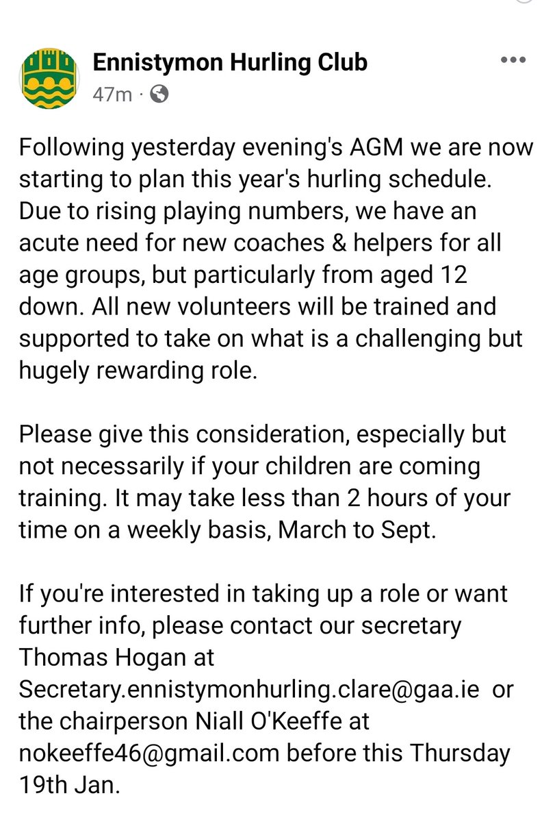 Anyone interested in helping our club's underage coaching for 2023 should make contact with our secretary at Secretary.ennistymonhurling.clare@gaa.ie
Further details attached