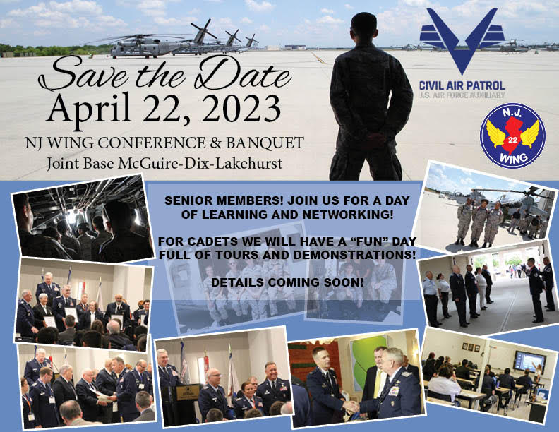 Calling all #NewJerseyWing &amp; #CAP Members! Get ready for a day of fun, learning, and networking at the NJ Wing #Conference &amp; #Banquet on April 22, 2023, at Joint Base McGuire Dix Lakehurst! Save the date &amp; stay tuned for more details. See you there! #NJWG #NJWing #CivilAirPatrol