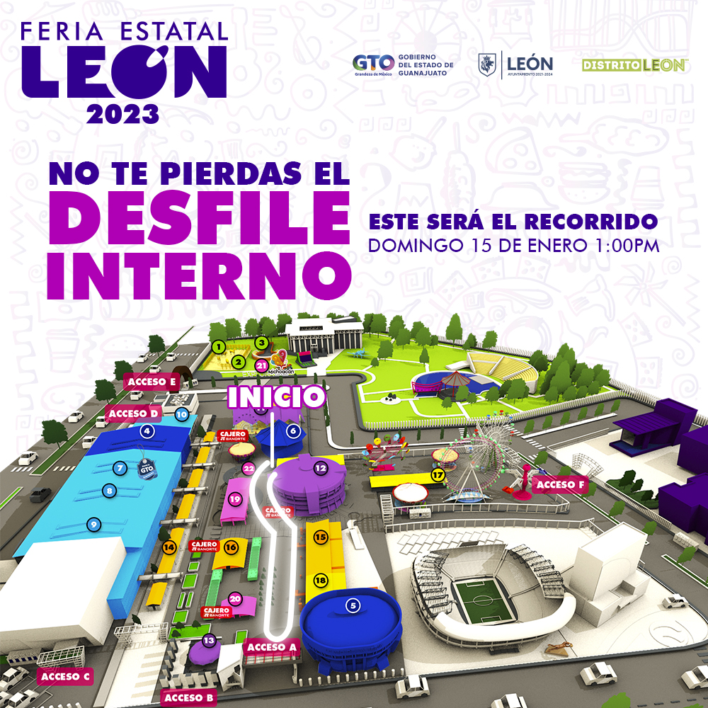 FeriaDeLeon's tweet photo. 🎉🌟🤩 ¡Acompáñanos al primer desfile interno de esta edición 2023 hoy domingo 15 de enero en punto de la 1:00 PM! 🎉🌟🤩 Celebremos juntos nuestra Feria. ❤️ 

Te compartimos el recorrido: 

✅ Inicia puerta Guanajuato (a un costado de accesos a juegos mecánico) https://t.co/BKwVrhDZ3v