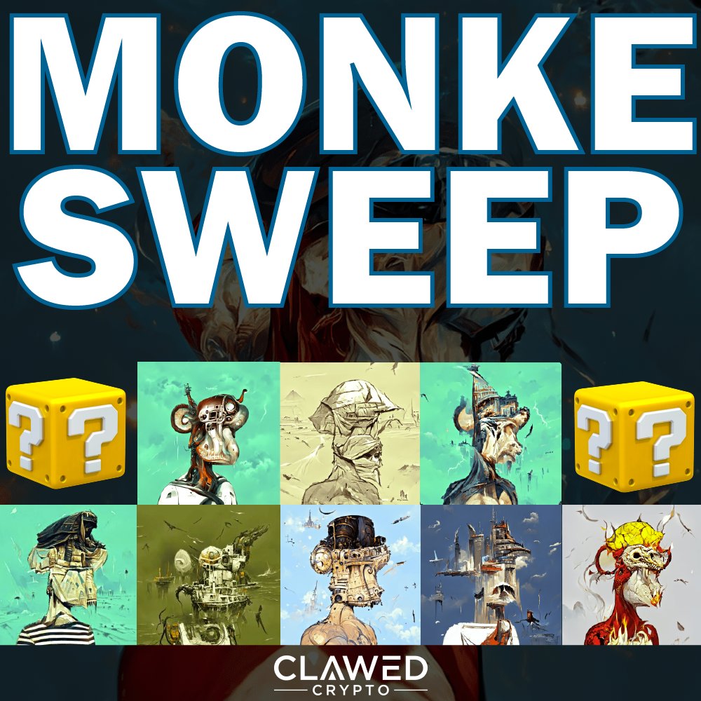 ClawedCrypto's tweet photo. It's @artsymonke Sweep Competition Time!  Rules Are Simple Every Monke You Buy - Receives An Entry To The 10 Random Draws To Win The Monkes Shown Below Including 2 Mystery Monkes.  You have 72 Hours Starting Now! https://t.co/kL0af5dRRd