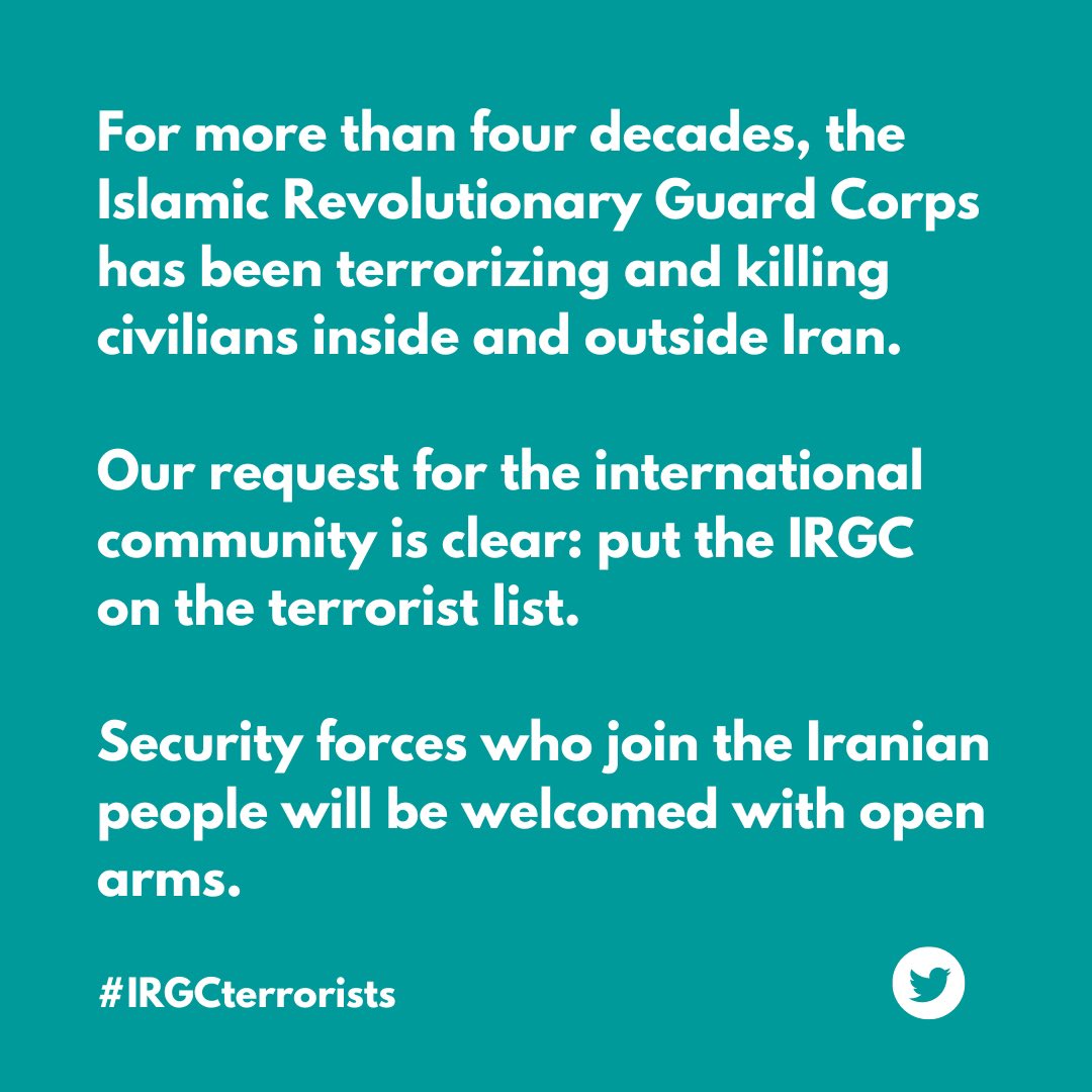 AlinejadMasih's tweet photo. Our request is clear: put the Islamic Revolutionary Guard Corps (IRGC) on the terrorist list. 

#IRGCterrorists
 #WomanLifeFreedom
 #MahsaAmini https://t.co/Tdu1avy7Da