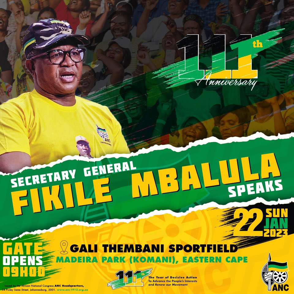 anc_hani's tweet photo. #ANC111 
Join us on 22 January 2023 at Gali Thembani Sportsfield, Enoch Mgijima Sub-Region for the ANC 111 celebration.

The ANC Secretary General, Cde Fikile Mbalula will be delivering the keynote address! https://t.co/aNh0U01SrI
